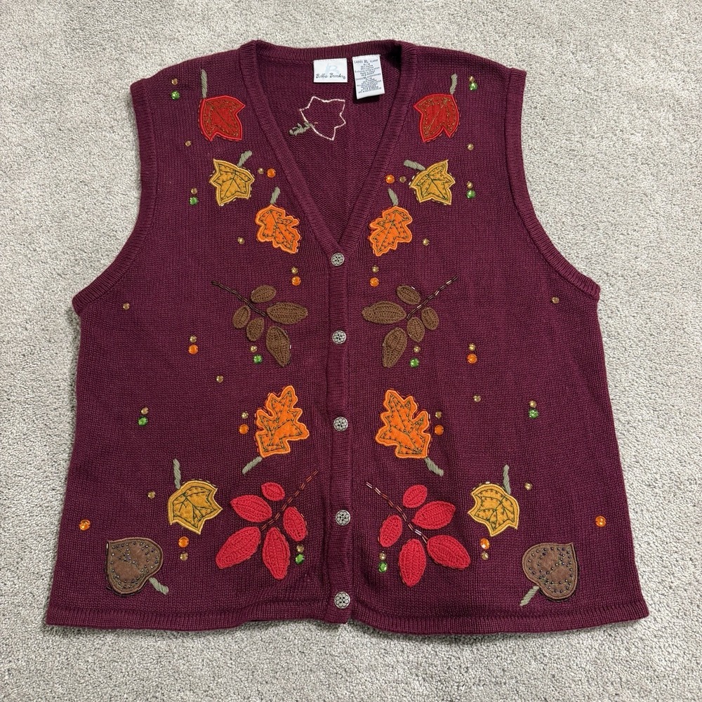 Vintage Bobbie Brooks Cardigan Sweater Vest Women XL Burgundy Fall Autumn Leaves